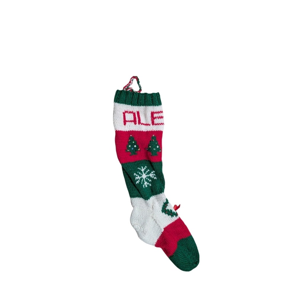 Vintage‎ Hand Knit Christmas Stocking Red Green White Sequin Beaded Holiday Alex